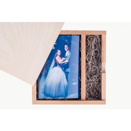 Fénykép + USB tartó fadoboz 180x180 mm-es, natúr