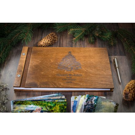 Fa borítású Scrapbook, vendégkönyv, karácsonyi mintás könyv