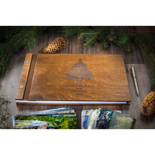 Fa borítású Scrapbook, vendégkönyv, karácsonyi mintás könyv